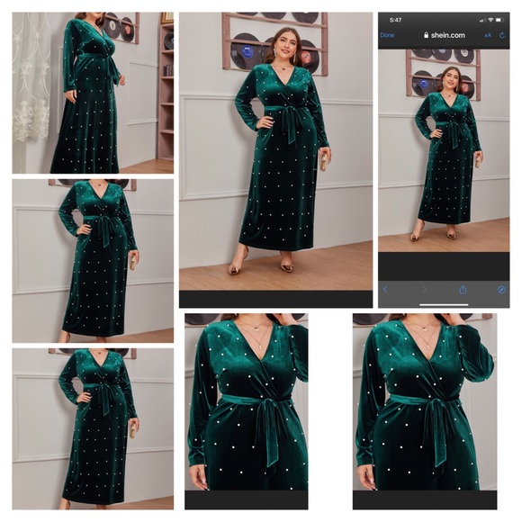 Plus Size Velvet Pearl Front Belted Formal Dress - Picture 7 of 16